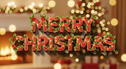 Naklejka premium Festive merry christmas greetings with radiant lights and a cozy fireplace backdrop