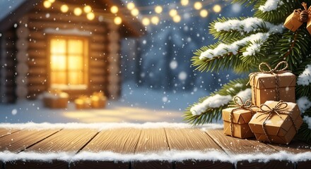 Illustration of cozy winter cabin with christmas tree and gifts on a snowy evening