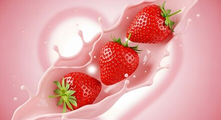 Illustration of fresh strawberries splashing into pink creamy liquid, studio shot