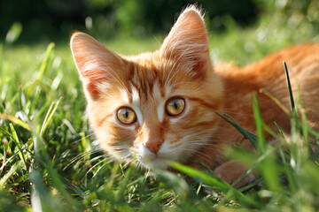 Orange tabby cat lounging in sunlight among green grass in a peaceful garden setting