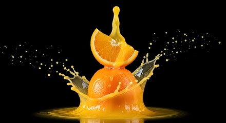 Illustration of orange splashing into juice with a slice on top, black background