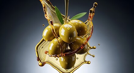 Illustration of fresh green olives splashing into golden olive oil with leaves