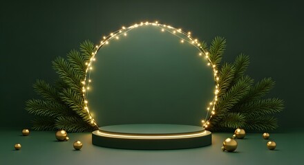 Illustration of festive green podium with golden christmas baubles and fairy lights