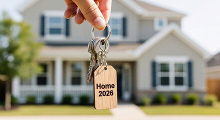 Home 2026 Real Estate Concept Hand Holding Keys Blurred House Background