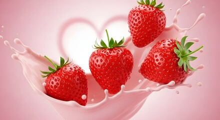 Illustration of fresh strawberries splashing into pink liquid with a heart shape