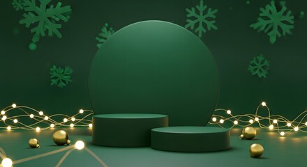 Illustration of festive green podium with golden baubles and twinkling lights for christmas