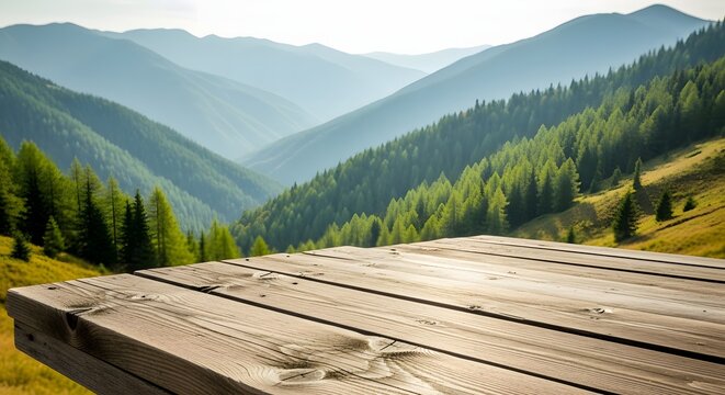 Illustration of wooden table in front of a green mountain valley with pine trees