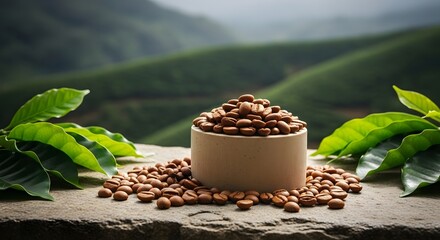 Illustration of freshly roasted coffee beans in a container on a stone surface with coffee plantation background