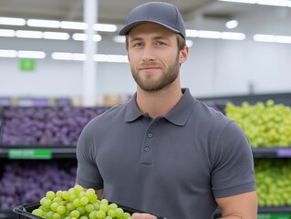 Young man in gray polo shirt holding a basket of fresh green grapes in a grocery store, surrounded by vibrant produce, showcasing healthy lifestyle choices and customer service