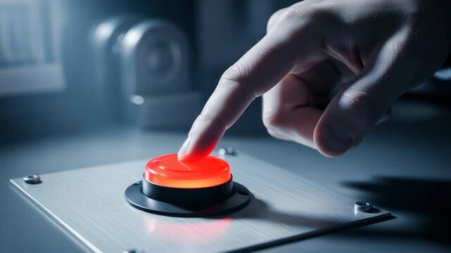 Urgent activation sequence: Finger triggering a critical red button under dim lighting conditions