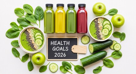 Health Goals 2026 Green Smoothie Detox Diet Vegetables Fruit Concept