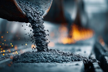 Molten metal is pouring into a mold during the casting process at an industrial factory