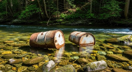 Two rusty industrial barrels polluting a clear river in a lush green forest on a bright sunny day