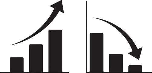 Two black bar graphs one upward and one downward trend chart bar chart
