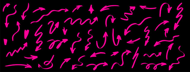 Sketchy arrow illustrations with vibrant highlight effects, expressive brush textures and marker marks. Arrow outlines, glowing highlight strokes, rough brush trails and marker doodles form a fun free