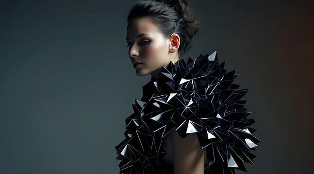 Futuristic woman wearing avant-garde black geometric polygon armor turning head in profile view