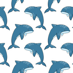 Dolphin seamless pattern in cartoon. Design of a underwater mammal animal on a white background.