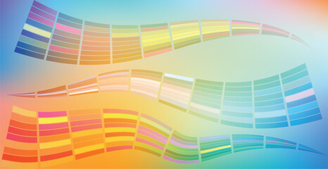 A vibrant, abstract design featuring flowing waves composed of colorful square tiles against a soft, blended gradient