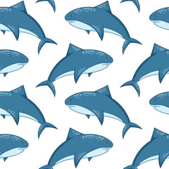 Seamless pattern of cartoon shark swimming on a white background for marine and ocean summer design.