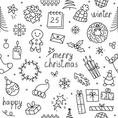 Christmas doodle hand drawn pattern. Merry Christmas and Winter season festival. Holiday decorative with lettering collection for kids.