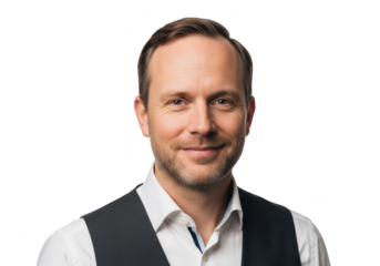A professional headshot of a man with a friendly smile, wearing a vest and a white shirt, black, dress shirt, man, photo, portrait, pose, shirt, smile, suspenders, tie, vest, wear, white 