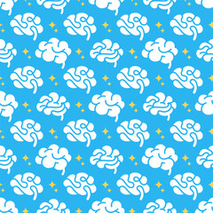 Human brain blue pattern. Brain side view icons set. Negative space collection. Simple ornament white Brain on blue background. Hand drawn minimalism style.