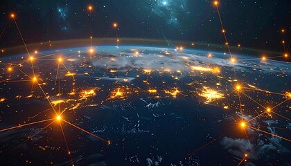 Earth from space, bright city lights and glowing connected network over continents, and starry sky background