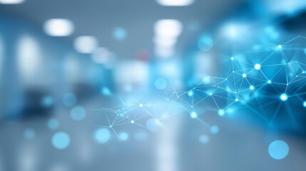 Digital illustration blue nodes with defocused hospital technology, faceless medical concept, network visualization detail, blurred backdrop, healthcare concept, technology interfa