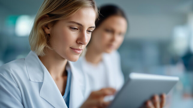 Two scientists work in lab defocused together analyzing, faceless team collaboration, tablet visualization detail, blurred laboratory background, medical concept, research interfac