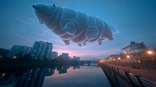 Giant glowing tardigrade water bear floating over city skyline and river at twilight