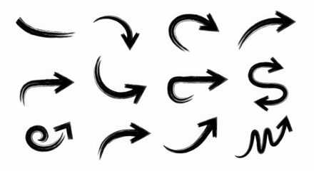 Collection of abstract textured and stylized arrows in various directions on a black background