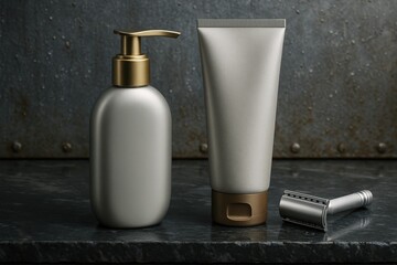 Matte dove grey pump bottle with brushed champagne gold dispenser standing beside matching silver tube on stone bathroom surface, minimal unisex skincare set with razor.
