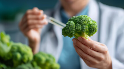 Scientist extracting liquid from broccoli defocused sample pipette, faceless food research, healthy visualization detail, blurred development background, nutrition concept, researc