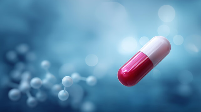 Pills drug research medical science defocused capsule interacts, faceless molecular structure, pharmaceutical visualization detail, blurred blue background, innovation concept, hea