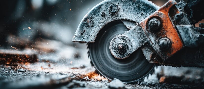 Circular saw cutting through concrete.