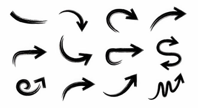 Collection of abstract textured and stylized arrows in various directions on a black background