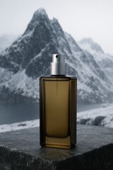 Rectangular brown glass perfume spray bottle with metal nozzle standing in front of snowy mountain range, stylish masculine winter fragrance concept.
