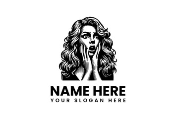 Vector logo illustration of a frightened woman with hands on her face for branding