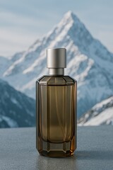 Tall smoky bronze glass perfume bottle with silver cap standing in snow against crisp blue sky and sunlit mountain peaks, fresh alpine fragrance concept.
