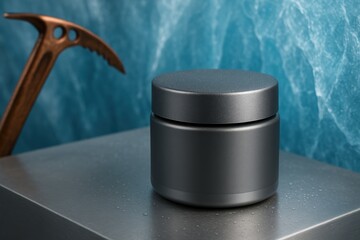 Charcoal matte cosmetic jar with black lid on icy blue stone surface, orange ice axe peeking from the side, winter alpine skincare concept.
