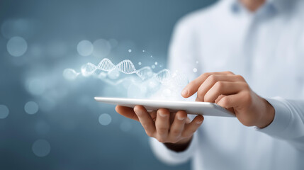 Doctor holds tablet displaying DNA defocused molecule genetic, faceless research advancement, medicine visualization detail, blurred medical background, innovation concept, technol