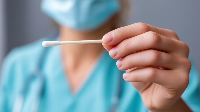 Close-up medical hands with buccal defocused swab sample, faceless specimen collection, diagnostic visualization detail, blurred clinical background, testing concept, medical inter