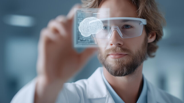 Futuristic medical research scientist analyzing defocused digital brain, faceless VR goggles, hologram visualization detail, blurred neuroscience background, technology concept, re - Powered by Adobe
