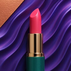 Vivid pink lipstick in gold and mint tube standing against abstract purple waves and warm copper surface, glamorous beauty product still life.

