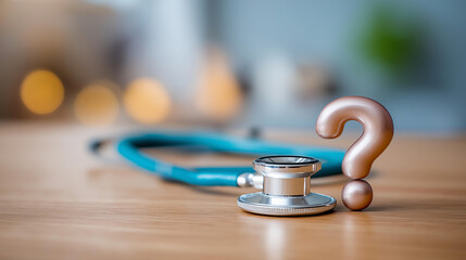 Stethoscope medical healthcare question mark defocused diagnosis treatment, faceless wellness medicine, research visualization detail, blurred education background, knowledge conce