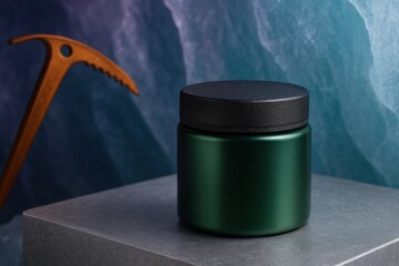 Dark green cosmetic cream jar with black lid on stone surface in front of cool blue textured background, modern minimalist skincare product shot.
