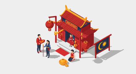 Isometric Chinese temple scene with people, lanterns, and a Malaysian flag illustration