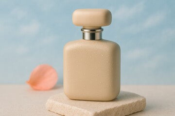 Matte beige perfume bottle with rounded cap on white surface with soft flower petal and blue sky background, elegant feminine fragrance.
