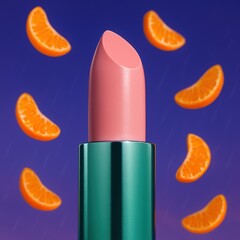Pink lipstick in shiny turquoise and gold tube standing on pastel base with orange slices on purple background, playful beauty product concept.
