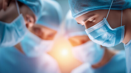 Group of surgeons performing complex defocused operation modern, faceless medical team, surgery visualization detail, blurred operating room, healthcare concept, collaboration inte